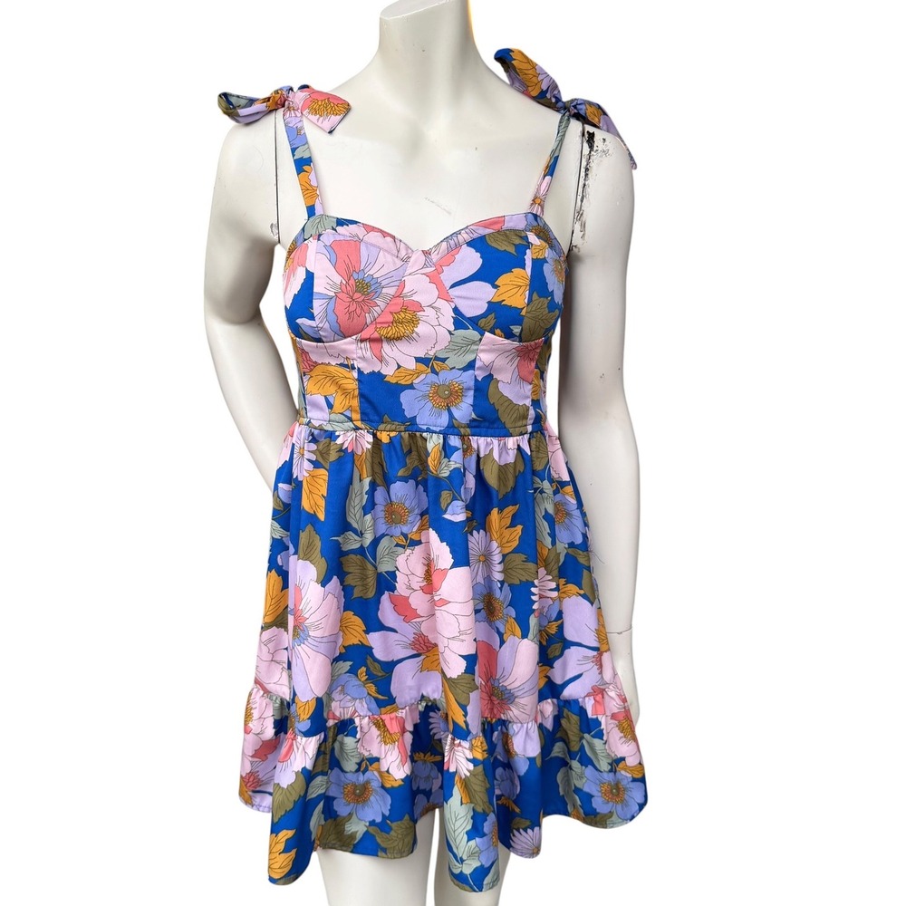 Land of the Free Floral Mini Dress Tie Shoulder Boho Cottagecore Blue Pink Med